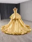 Couture Gold Cascading Ruffles Prom Dresses 2024 Ball Gown V-Neck Sleeveless Backless Chapel Train Prom Formal Dresses