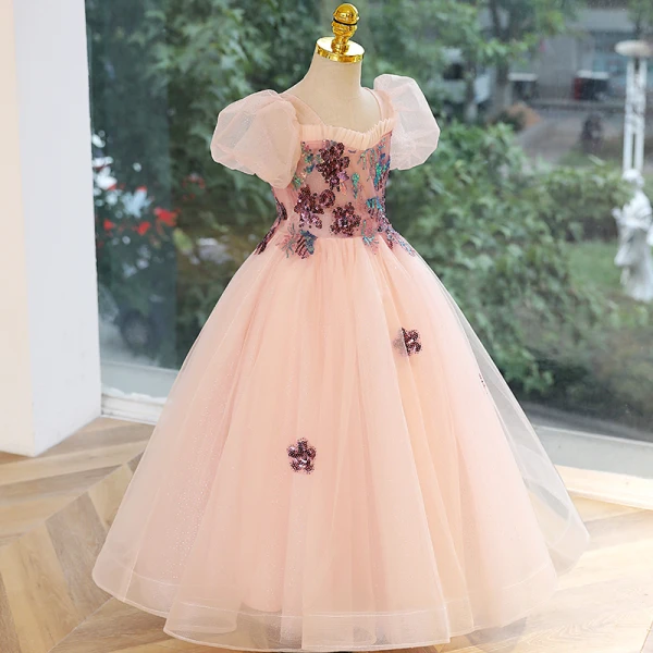 Chic / Beautiful Blushing Pink Sequins Flower Girl Dresses 2023 Ball Gown Square Neckline Puffy Short Sleeve Backless Floor-Length / Long Prom Flower Girl Dresses