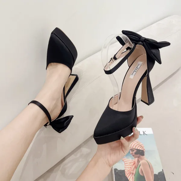 Fashion Black Evening Party Ankle Strap Bow Womens Shoes 2023 13 cm Stiletto Heels Pointed Toe Womens Shoes High Heels