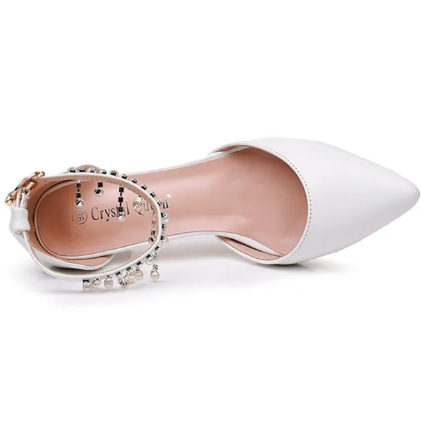 Chic / Belle Blanche Perle Faux Diamant Bride Cheville Chaussure De Mariée 2024 7 cm Talons Aiguilles À Bout Pointu Mariage Talons Hauts
