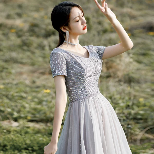 Chic / Beautiful Grey Prom Dresses 2022 A-Line / Princess V-Neck Beading Sequins Short Sleeve Backless Floor-Length / Long Prom Formal Dresses