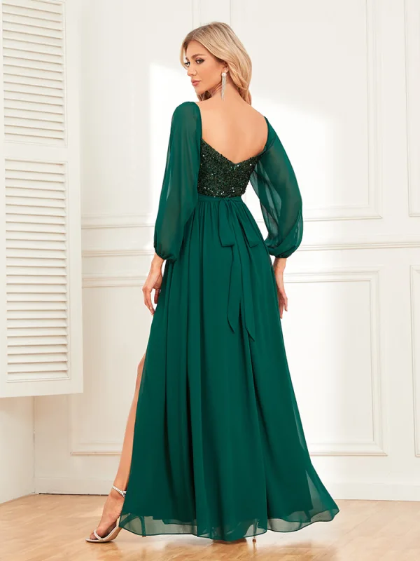 Chic / Beautiful Dark Green Sequins Split Front Evening Dresses 2024 A-Line / Princess Off-The-Shoulder Short Sleeve Backless Floor-Length / Long Evening Party Formal Dresses