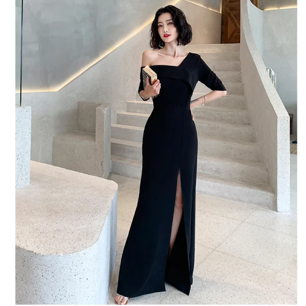 Sexy Black Evening Dresses 2022 A-Line / Princess One-Shoulder Short Sleeve Split Front Floor-Length / Long Evening Party Formal Dresses