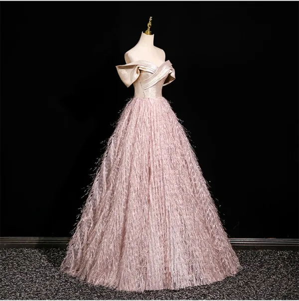 Fashion Blushing Pink Glitter Tassel Prom Dresses 2025 Ball Gown Off-The-Shoulder Short Sleeve Backless Floor-Length / Long Prom Formal Dresses