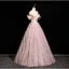 Fashion Blushing Pink Glitter Tassel Prom Dresses 2025 Ball Gown Off-The-Shoulder Short Sleeve Backless Floor-Length / Long Prom Formal Dresses