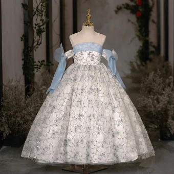 Chic Belle Bleu Ciel Perlage Anniversaire Robe Ceremonie Fille 2024 Robe Boule Bustier Sans Manches Noeud Dos Nu Longue