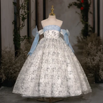 Chic Beautiful Sky Blue Beading Birthday Flower Girl Dresses 2024 Ball Gown Strapless Sleeveless Bow Backless Floor Length Long
