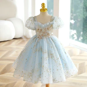 Fashion Sky Blue Star Sequins Birthday Flower Girl Dresses 2023 Ball Gown Square Neckline Short Sleeve Backless Floor Length Long Flower Girl Dresses