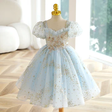 Fashion Sky Blue Star Sequins Birthday Flower Girl Dresses 2023 Ball Gown Square Neckline Short Sleeve Backless Floor Length Long Flower Girl Dresses