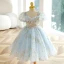 Fashion Sky Blue Star Sequins Birthday Flower Girl Dresses 2023 Ball Gown Square Neckline Short Sleeve Backless Floor-Length / Long Flower Girl Dresses