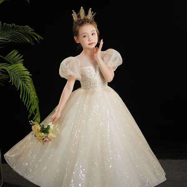 Bling Bling Beading Champagne Pearl Sequins Flower Girl Dresses 2024 ...