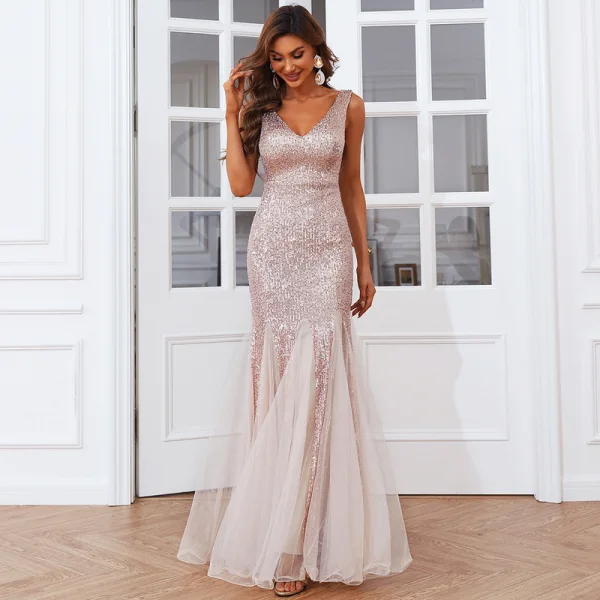 Sparkly Gold Sequins Evening Dresses 2022 Trumpet / Mermaid V-Neck Sleeveless Backless Floor-Length / Long Evening Party Formal Dresses