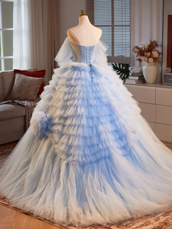 Elegant Sky Blue Cascading Ruffles Prom Dresses 2025 Ball Gown Off-The-Shoulder Short Sleeve Backless Sweep Train Formal Dresses
