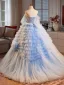 Elegant Sky Blue Cascading Ruffles Prom Dresses 2025 Ball Gown Off-The-Shoulder Short Sleeve Backless Sweep Train Formal Dresses