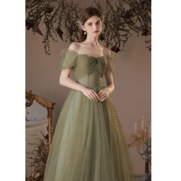 Modest / Simple Clover Green Spotted Prom Dresses 2023 A-Line / Princess Square Neckline Short Sleeve Backless Floor-Length / Long Prom Formal Dresses