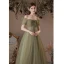 Modest / Simple Clover Green Spotted Prom Dresses 2023 A-Line / Princess Square Neckline Short Sleeve Backless Floor-Length / Long Prom Formal Dresses