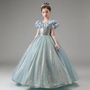 Sparkly Sky Blue Pearl Sequins Birthday Flower Girl Dresses 2023 A Line Princess Scoop Neck Short Sleeve Floor Length Long Flower Girl Dresses