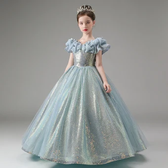 Scintillantes Bleu Ciel Perle Paillettes Anniversaire Robe Ceremonie Fille 2023 Princesse Encolure Dégagée Manches Courtes Longue Robe Ceremonie Fille