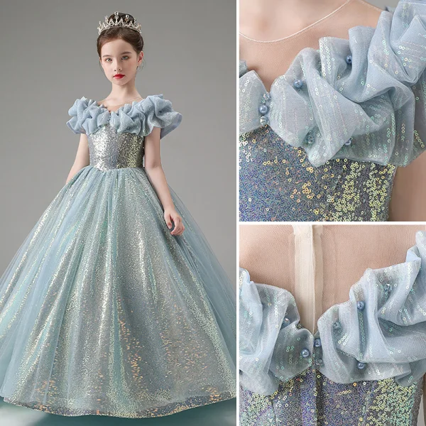 Sparkly Sky Blue Pearl Sequins Birthday Flower Girl Dresses 2023 A-Line / Princess Scoop Neck Short Sleeve Floor-Length / Long Flower Girl Dresses