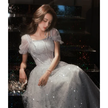 Bling Bling Grey Sequins Prom Dresses 2023 A Line Princess Square Neckline Short Sleeve Backless Floor Length Long Prom Formal Dresses