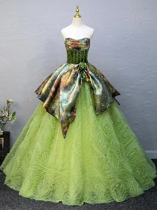 Chic / Beautiful Sage Green Printing Prom Dresses 2025 Ball Gown Strapless Sleeveless Backless Floor-Length / Long Tulle Prom Formal Dresses