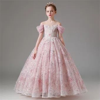 Chic Belle Rougissant Rose Perlage Paillettes En Dentelle Fleur Robe Ceremonie Fille 2024 Anniversaire Robe Boule Encolure Dégagée Manches Courtes Longue