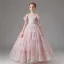 Chic / Beautiful Blushing Pink Beading Sequins Lace Flower Flower Girl Dresses 2024 Birthday Ball Gown Scoop Neck Short Sleeve Floor-Length / Long