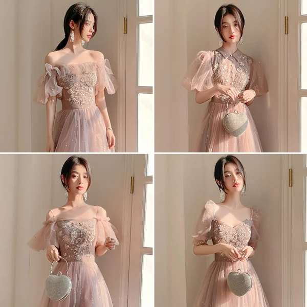 Chic / Beautiful Dusky Pink Pearl Rhinestone Sequins Bridesmaid Dresses 2022 A-Line / Princess Short Sleeve Backless Floor-Length / Long Bridesmaid