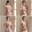 Chic / Beautiful Dusky Pink Pearl Rhinestone Sequins Bridesmaid Dresses 2022 A-Line / Princess Short Sleeve Backless Floor-Length / Long Bridesmaid