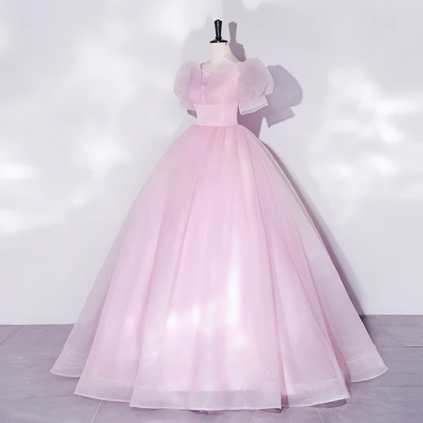 Elegant Blushing Pink Prom Dresses Ball Gown 2022 Scoop Neck Puffy Short Sleeve Backless Floor-Length / Long Prom Formal Dresses