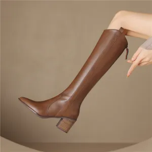 Fashion Brown Street Wear Leather Womens Boots 2024 7 Cm Block Heels Pointed Toe Boots