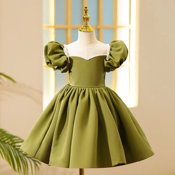Chic / Beautiful Yellow Pearl Birthday Short Flower Girl Dresses 2023 Scoop Neck Puffy Short Sleeve Flower Girl Dresses
