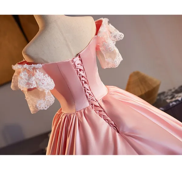 Medieval Vintage / Retro Blushing Pink Lace Flower Ball Gown Prom Dresses 2025 Off-The-Shoulder Short Sleeve Backless Floor-Length / Long Prom Formal Dresses