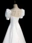 Modest / Simple White Satin Prom Dresses 2022 A-Line / Princess Square Neckline Puffy Short Sleeve Bow Backless Court Train Prom Formal Dresses