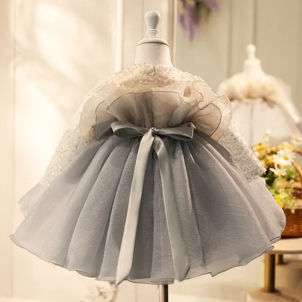 Chic / Beautiful Grey Pearl Sequins Short Birthday Flower Girl Dresses 2024 Ball Gown Scoop Neck Long Sleeve Bow Flower Girl Dresses