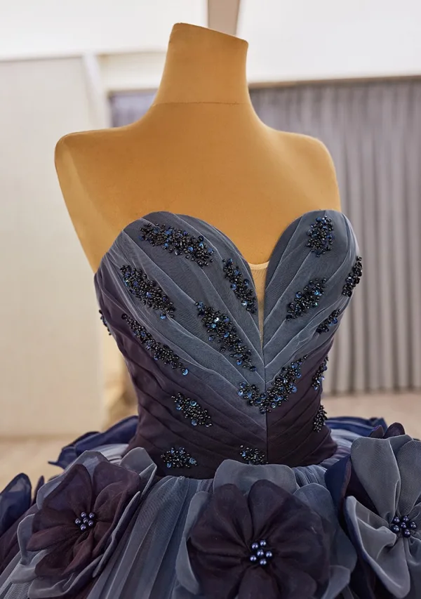 Luxury / Gorgeous High-end Navy Blue Beading Pearl Sequins Appliques Prom Dresses 2025 Ball Gown Sleeveless Backless Strapless Chapel Train Prom
