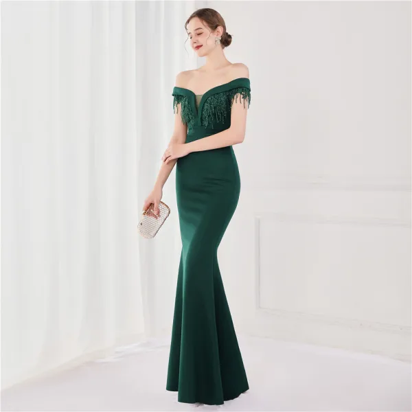 Sexy Black Satin Evening Dresses 2022 Trumpet / Mermaid Off-The-Shoulder Beading Tassel Sleeveless Backless Floor-Length / Long Evening Party Formal Dresses