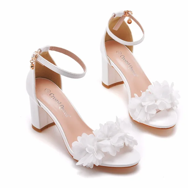 Sexy Ivory / Creme Applikationen Brautschuhe 2022 7 cm Thick Heels Knöchelriemen Peeptoes Hochzeit Sandaletten Hochhackige