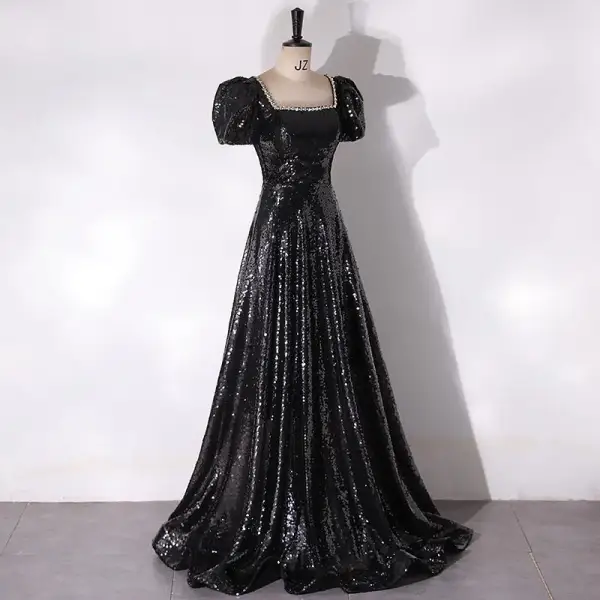 Scintillantes Noire Paillettes Robe De Bal 2024 Princesse Encolure Carrée Manches Courtes Dos Nu Longue Promo Robe De Ceremonie