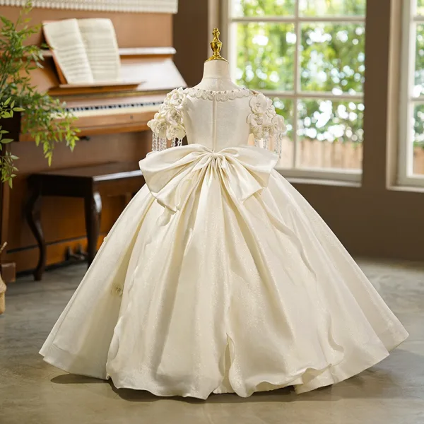 Vintage / Retro Ivory Beading Rhinestone Appliques Bow Birthday Flower Girl Dresses 2025 Ball Gown Scoop Neck Short Sleeve Floor-Length / Long