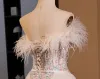 Luxury / Gorgeous Champagne Beading Sequins Feather Prom Dresses 2024 Trumpet / Mermaid Strapless Sleeveless Backless Sweep Train Evening Party Formal Dresses