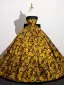 Vintage / Retro Black Gold Printing Prom Dresses 2025 Ball Gown Strapless Sleeveless Backless Bow Sweep Train Prom Formal Dresses