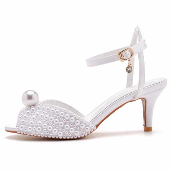 Charmant Blanche Perle Chaussure De Mariée 2023 6 cm Talons Aiguilles Bride Cheville Peep Toes / Bout Ouvert Mariage Sandales Talons Hauts