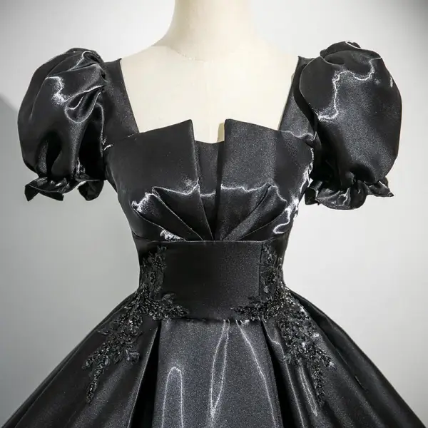 Elegant Black Lace Flower Prom Dresses 2025 Ball Gown Square Neckline Puffy Short Sleeve Backless Sweep Train Prom Formal Dresses
