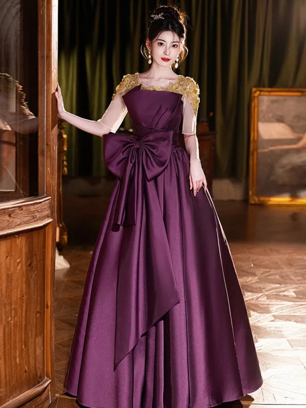 Elegant Purple Beading Lace Flower Bow Satin Prom Dresses 2025 A-Line / Princess Scoop Neck Short Sleeve Backless Floor-Length / Long Prom Formal Dresses