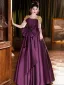 Elegant Purple Beading Lace Flower Bow Satin Prom Dresses 2025 A-Line / Princess Scoop Neck Short Sleeve Backless Floor-Length / Long Prom Formal Dresses