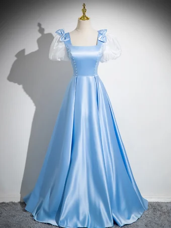 Chic Belle Bleu Ciel Robe De Bal 2024 Princesse Encolure Carrée Noeud Gonflée Manches Courtes Dos Nu Longue Promo Robe De Ceremonie