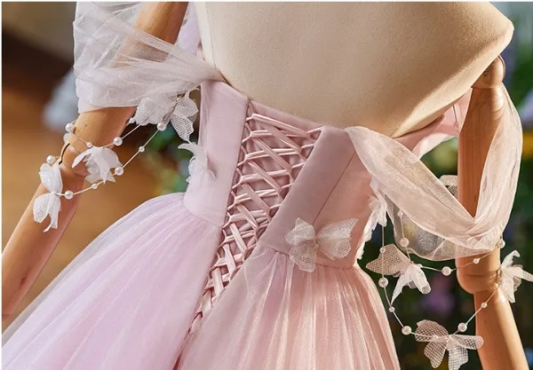 Chic / Beautiful Blushing Pink Bow Prom Dresses 2025 Ball Gown Off-The-Shoulder Short Sleeve Backless Floor-Length / Long Formal Dresses