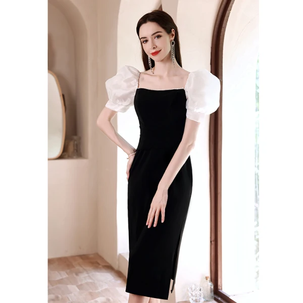 Fashion Black Pearl Homecoming Graduation Dresses 2022 Square Neckline Backless Puffy Short Sleeve Tea-length Formal Dresses