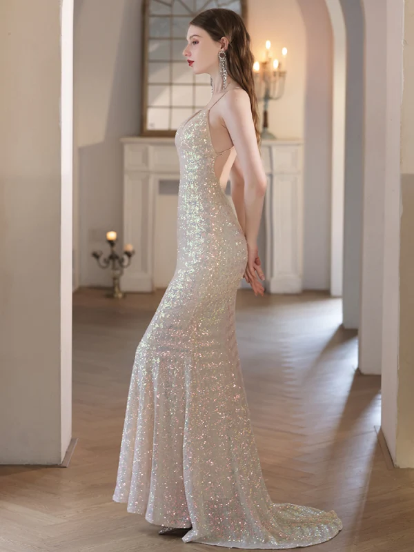 Sexy Glitzernden Gold Pailletten Abendkleider 2023 Meerjungfrau Spaghettiträger Ärmellos Rückenfreies Sweep / Pinsel Zug Abend Festliche Kleider